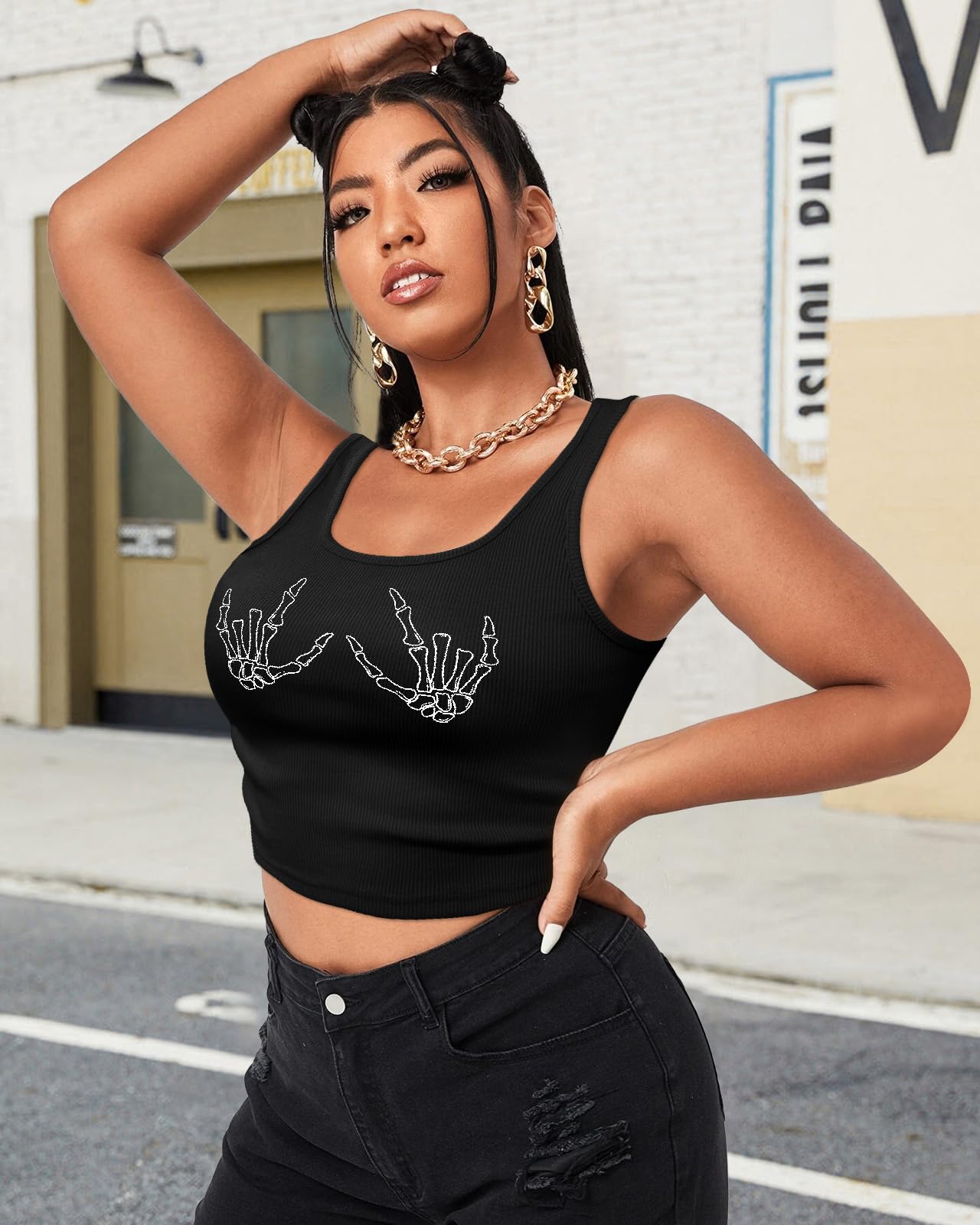 Flafens Crop Tops for Women Summer Tank Tops - Cute Ribbed Knit U Neck Graphic Sleeveless T Shirts Workout Yoga Gym Short Tanktops Skull Hand Action Teen Girls for Going Out Daily, Medium