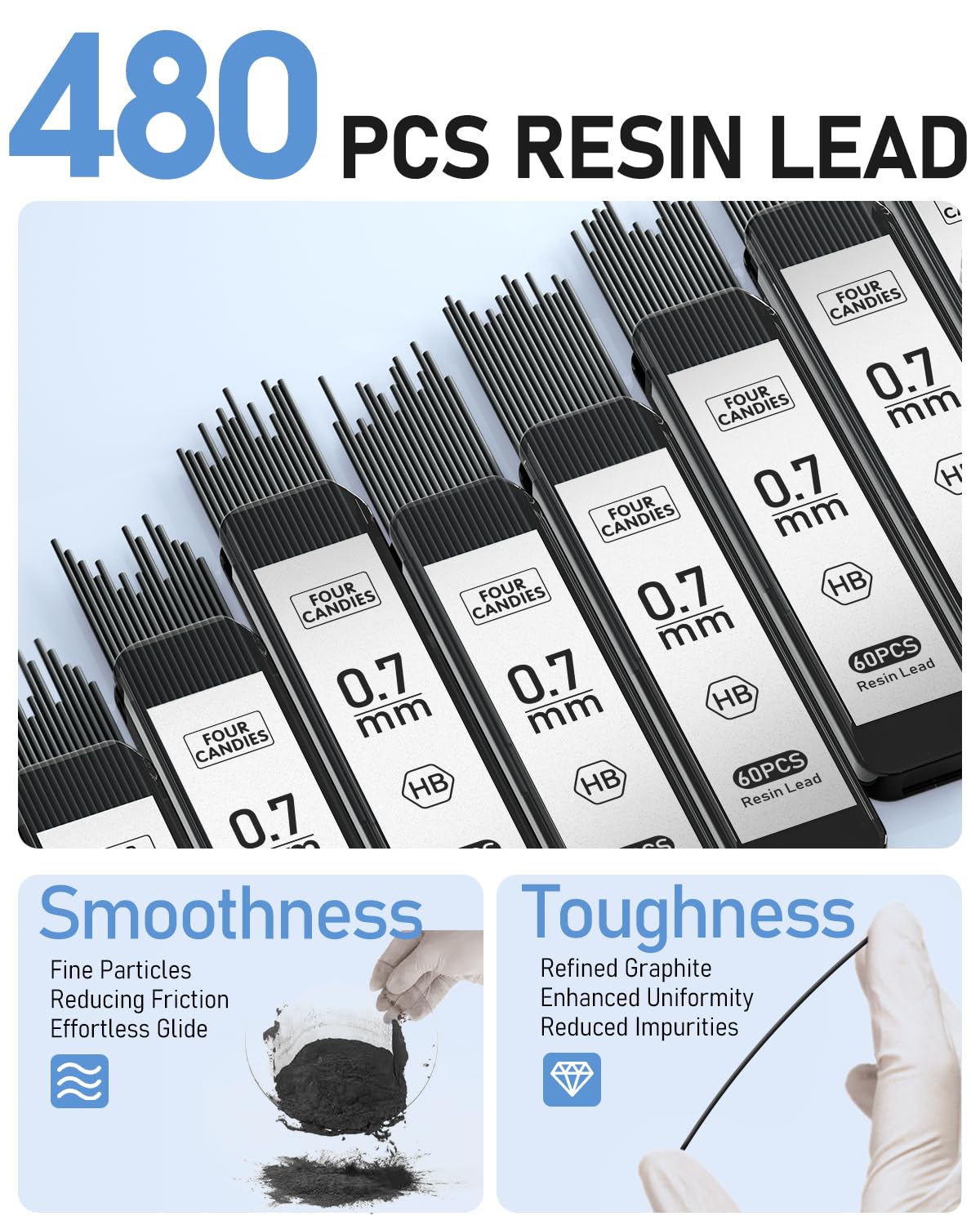 Four Candies 0.7mm Mechanical Pencil Set with Case - 4PCS Metal Mechanical Pencils, 8 Tubes HB #2 Lead Refills, 3PCS 4B Erasers and 9PCS Eraser Refills, Lead Mechanical Pencils for Writing & Drawing