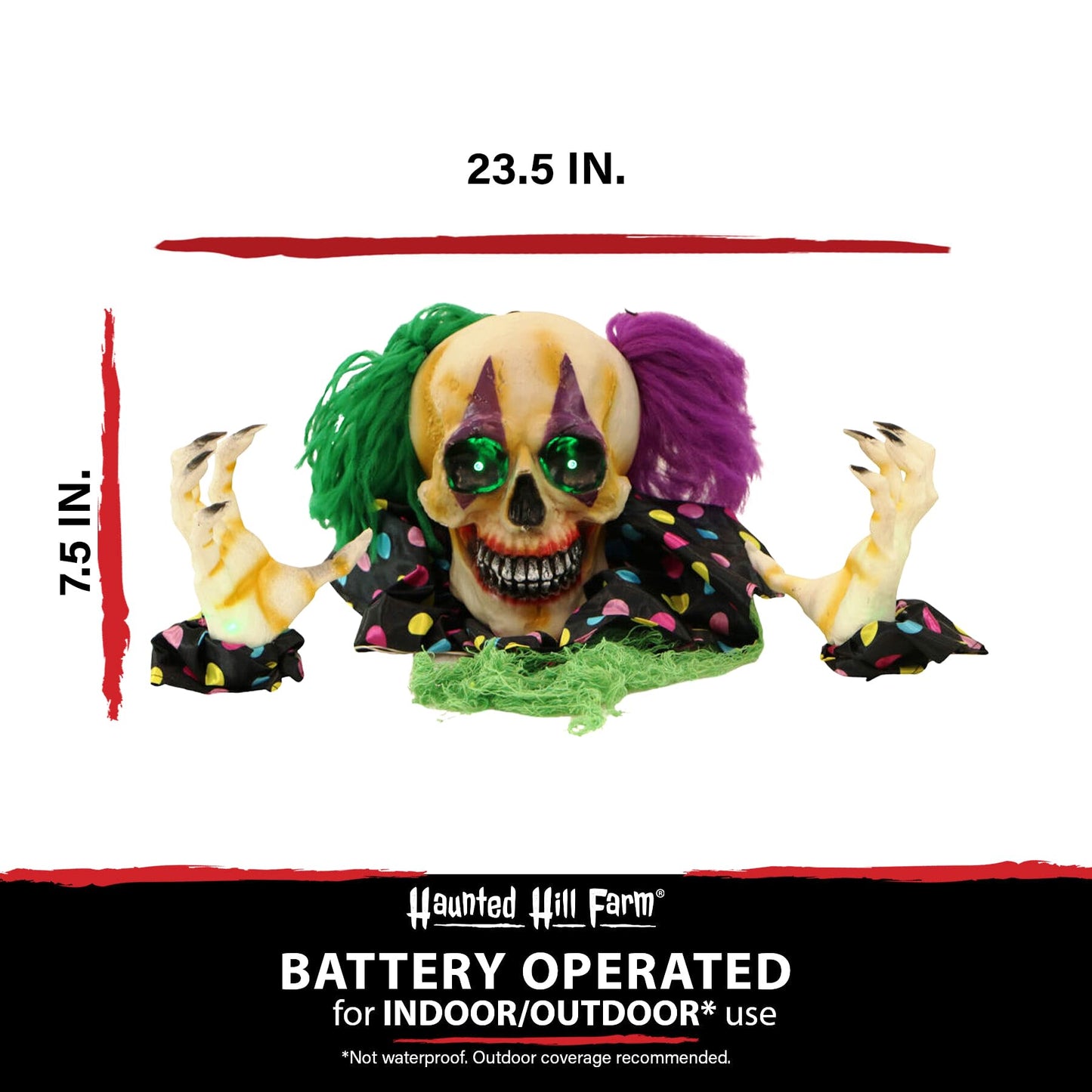 Haunted Hill Farm Scary Talking Groundbreaker Skeleton Clown Halloween Prop with Touch Activated Lights and Sounds, Battery Operated, Poseable Indoor or Covered Outdoor Halloween Decorations for Home