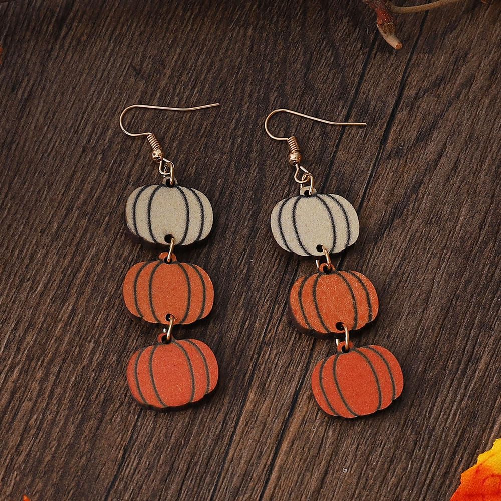 Funny Cute Halloween Cartoon Pumpkin Ghost Drop Dangle Earrings Handmade Lightweight Bat Witch Double-Sided Wooden Earrings for Women Halloween Party Costumes Holiday Jewelry Gifts (A pumpkin)