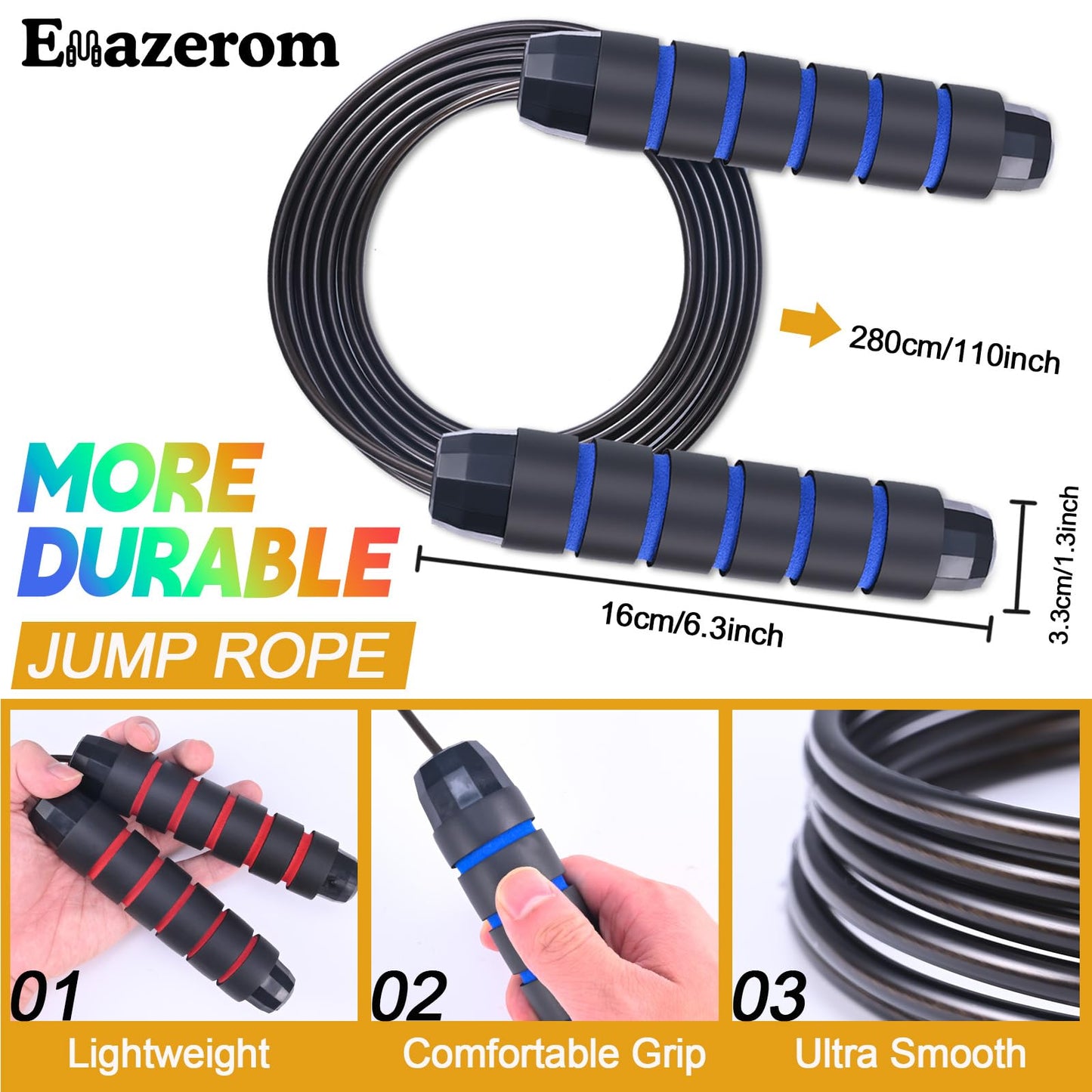 Emazerom Jump Rope for Women Men Kids, Adjustable Skipping Rope with Ball Bearings, Professional Jumping Rope with Foam Handles, Tangle-Free Rapid Speed Jump Ropes for Fitness Workout Boxing Exercise