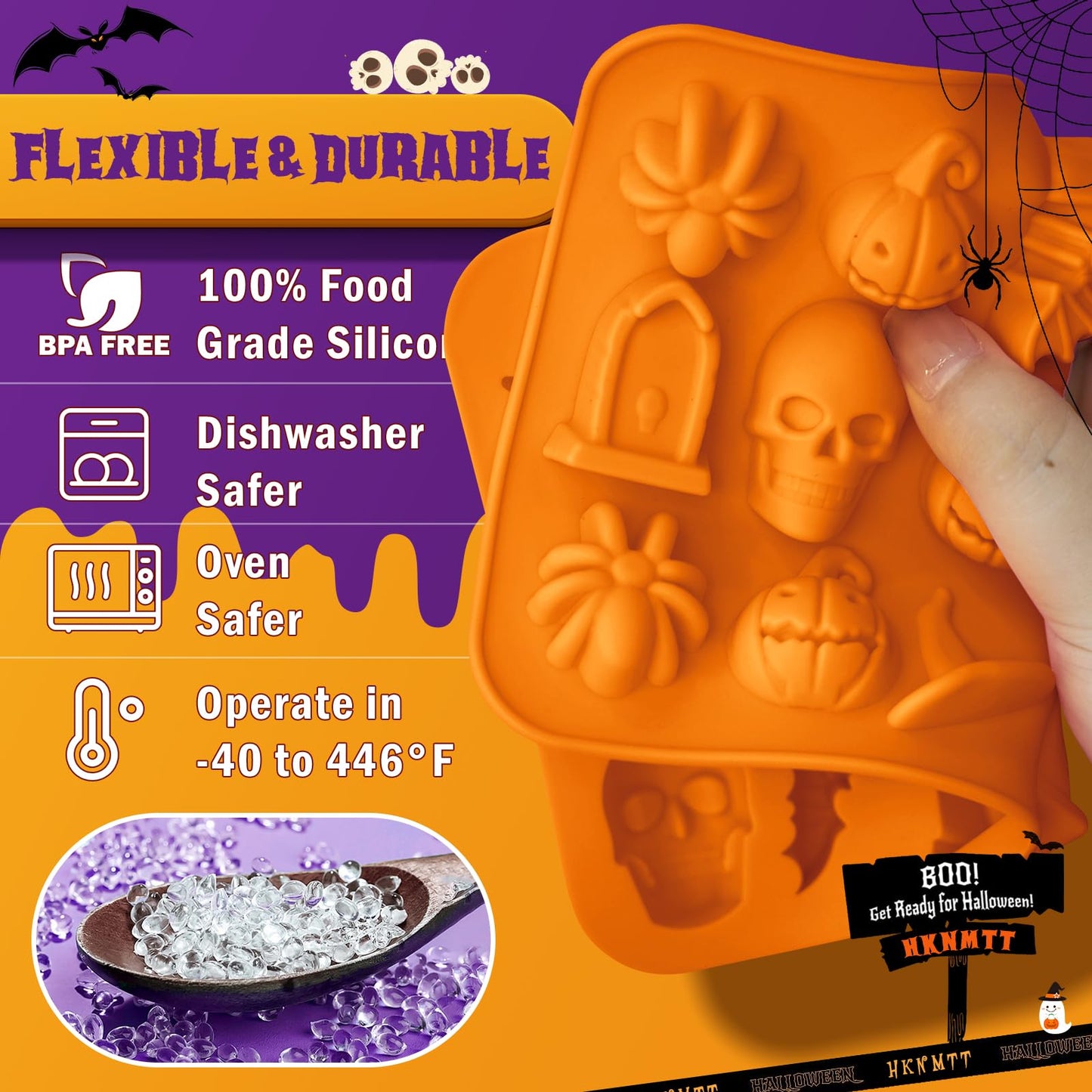 Halloween Molds Silicone for Chocolate 2 Pack, 3D Halloween Chocolate Candy Gummy Mold Skull Pumpkin Bat Ghost Witch Hat Spider tombstone Shapes Mold