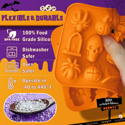 Halloween Molds Silicone for Chocolate 2 Pack, 3D Halloween Chocolate Candy Gummy Mold Skull Pumpkin Bat Ghost Witch Hat Spider tombstone Shapes Mold