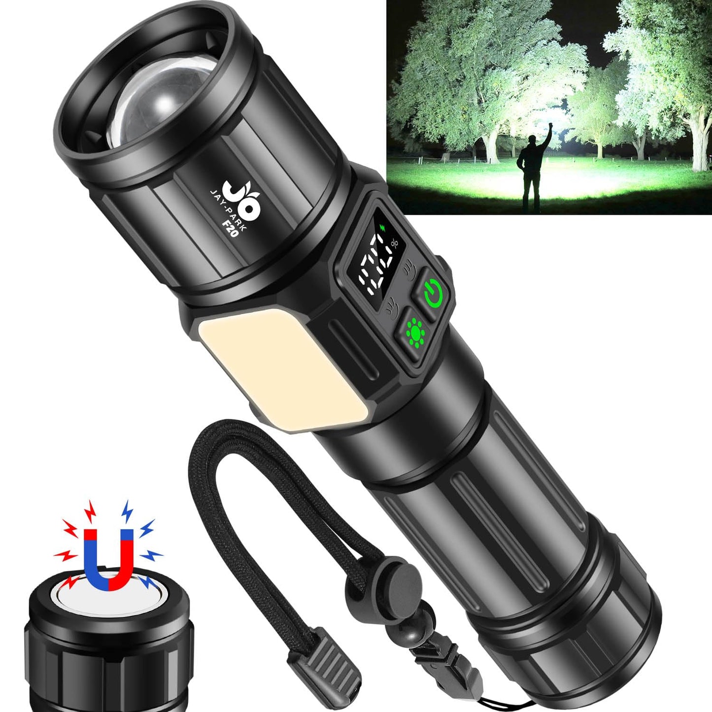 JAY-PARK Flashlights High Lumens, Rechargeable Flashlight 10000 Lumens with Magnetic, Bright Flash Light 9 Modes with 5000 mAh Battery, Tactical Flashlight for Camping, Hiking, Dog Walking