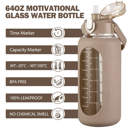 kytffu 64oz Glass Water Bottles with Straw, Half Gallon Motivational Glass Bottle with Silicone Sleeve and Time Marker, 2L Leakproof Large Glass Water Jug for Gym Home Office,Amber