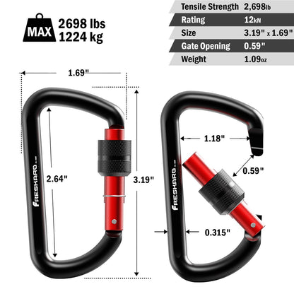 FresKaro Carabiner Clip, Locking and Small, Heavy Duty Carbineers, Key and Keychain Clips, Black Karabiner 3inch, Aluminum, D-Ring, for Belt, Hammock, Weight Bearing, Hiking, Dog Crate, 2Pack