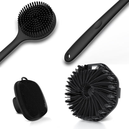 3 PCS Silicone Bath Brush Set,Back Scrubber & Body Brush & Face Brush Set, Super-Exfoliating & Lathering Body Scrubber, Shower Brush, Face Scrubber Combination for HomeBathroom Hotel Travel.(Black)