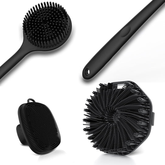 3 PCS Silicone Bath Brush Set,Back Scrubber & Body Brush & Face Brush Set, Super-Exfoliating & Lathering Body Scrubber, Shower Brush, Face Scrubber Combination for HomeBathroom Hotel Travel.(Black)