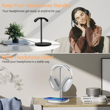 Headphone Stand with Wireless Charger, Gaming Headset Holder Hanger Rack 2 in 1 Wireless Charging Station Dock for iPhone 15/14/13/12/11 Series, AirPods Pro/3/2 and Desk All Headphones, White