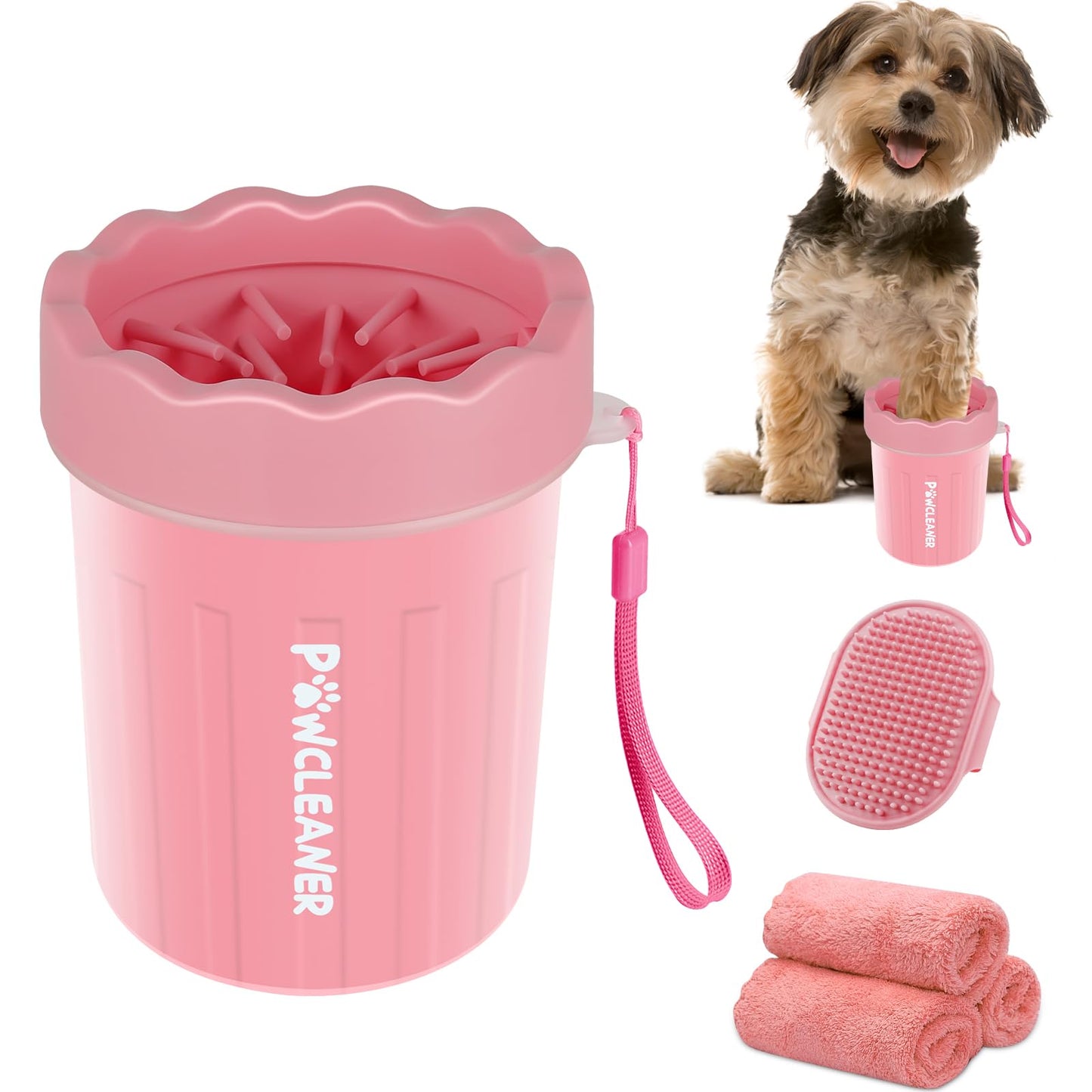 Comotech Dog Paw Cleaner, Portable Dog Paw Washer Pet Cleaning Silicone Brush with 3 Absorbent Towel, Pet Foot Cleaner for Small Breed Dogs (with 3 absorbent towel) (Light Pink, Small)