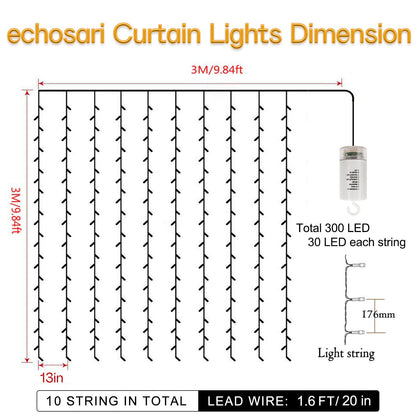echosari 300 LED Curtain Lights Battery Operated, 9.8ft×9.8ft Hanging Lights with Remote Timer Fairy Curtain Lights for Bedroom Patio Wedding Backdrop Party Decór (Warm White)