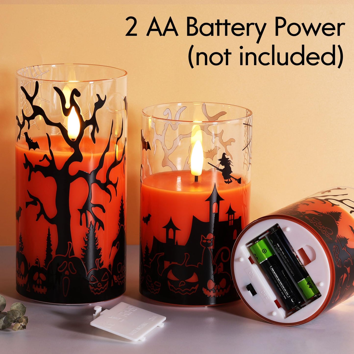 Eywamage Orange Halloween Glass Flameless Candles with Remote, Real Wax Flickering LED Pillar Candles Set of 3