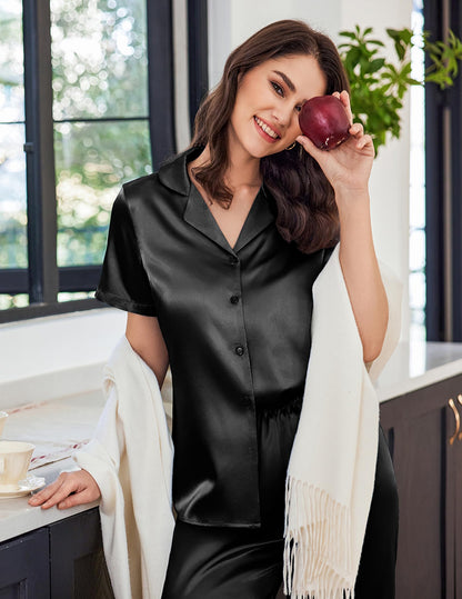 Ekouaer Womens Satin Pajamas Silk Capri Pjs 2 Piece Lounge Sets Short Sleeve Button Down Sleepwear Black Small