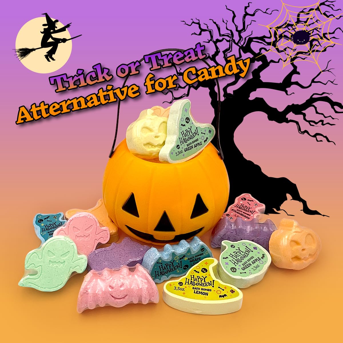 15 Count Halloween Bath Bombs with Pumpkin Bucket, Halloween Spooky Bath Bombs for Kids, Adorable Hallowen Trick o Treat Party Favors for Kids