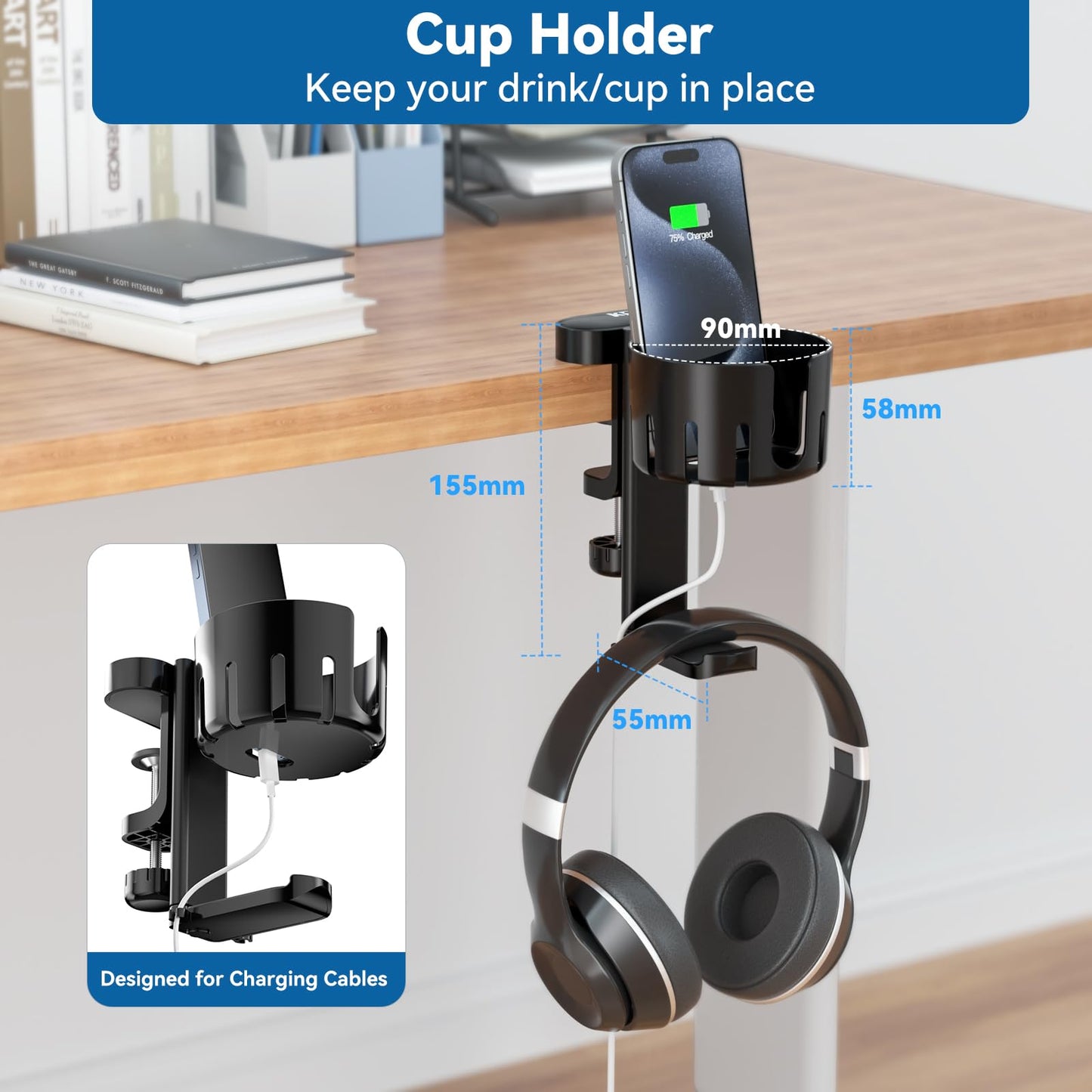 KDD 2 in 1 Headphone Hanger with Desk Cup Holder - Under Desk Clamp Rotatable Headset Holder - Suitable for Coffee Mups, Water Cups, Headphone(Black)