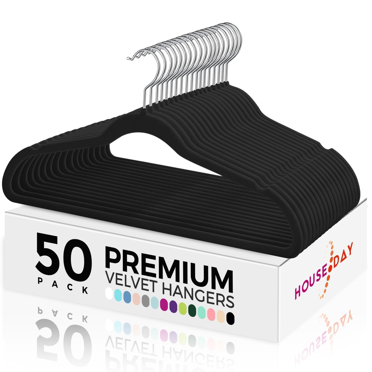 HOUSE DAY Premium Velvet Hangers 50 Pack Black, Non-Slip Flocked Felt Hangers, Sturdy Clothes Hangers with 360° Rotatable Hook, Heavy Duty Coat Hanger, Durable Slim Hanger for Closet Space Saving