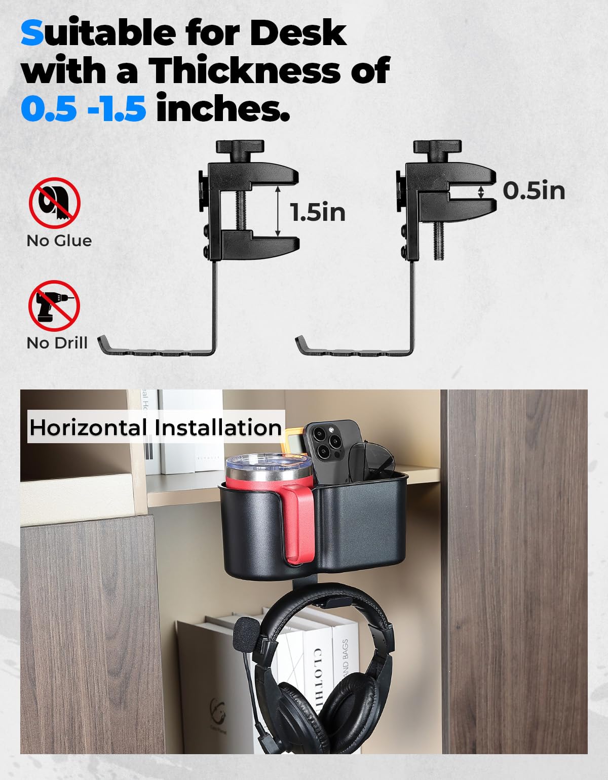 KEMIMOTO Desk Cup Holder with Headphone Hanger, 2 in 1 Caddy Organizer for Office Table, Lawn Chair, Golf Cart, Pontoon Boat, Fit for Most 18-32 oz Bottles (1)