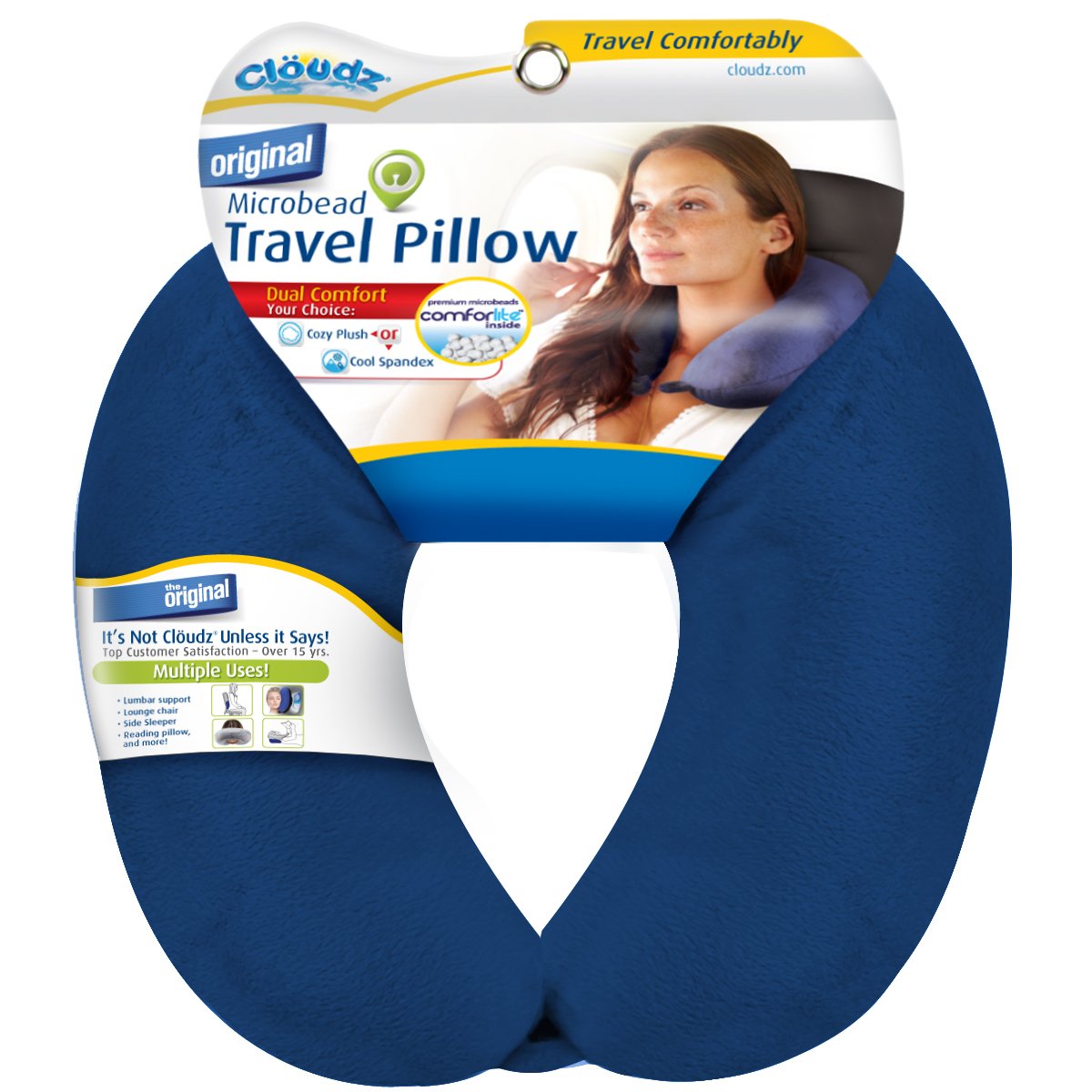 Cloudz Dual Comfort Microbead Airplane Travel Neck Pillow. Super Soft Cozy Plush Fabric on One Side, Cool Relaxing Spandex on The Other! Customize Your Comfort and Support at Home or On The Go!- Blue