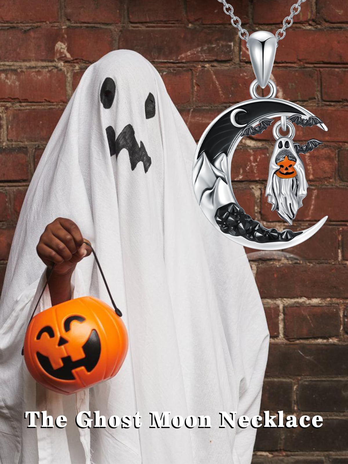 Flpruy Halloween Ghost Necklace 925 Sterling Silver Black Crescent Moon Bat with Pumpkin Pendant Halloween Goth Jewelry Gifts for Women