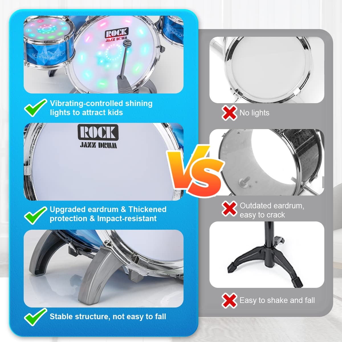 Kids Drum Set for Toddlers with 5 Jazz Drum Kit & Lights (Vibrating-Controlled) & Alloy, Musical Instruments Toys, Boys Gifts for Aged 1-3 3-5