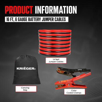 K KRIËGER Jumper Cables for Car Battery, Heavy Duty Automotive Booster Cables for Jump Starting Dead or Weak Batteries with Carrying Bag Included (16-Feet (6-Gauge)