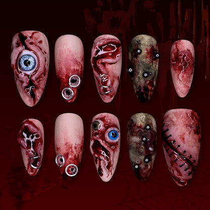HOSAILY Halloween Press on Nails Short Almond Fake Nails 3D Blood Stain Eyeball Scar Horror Design Gothic False Nails for Party Cosplay Spooky Season Manicure, 30pcs Full Cover Glue on Nail for Women