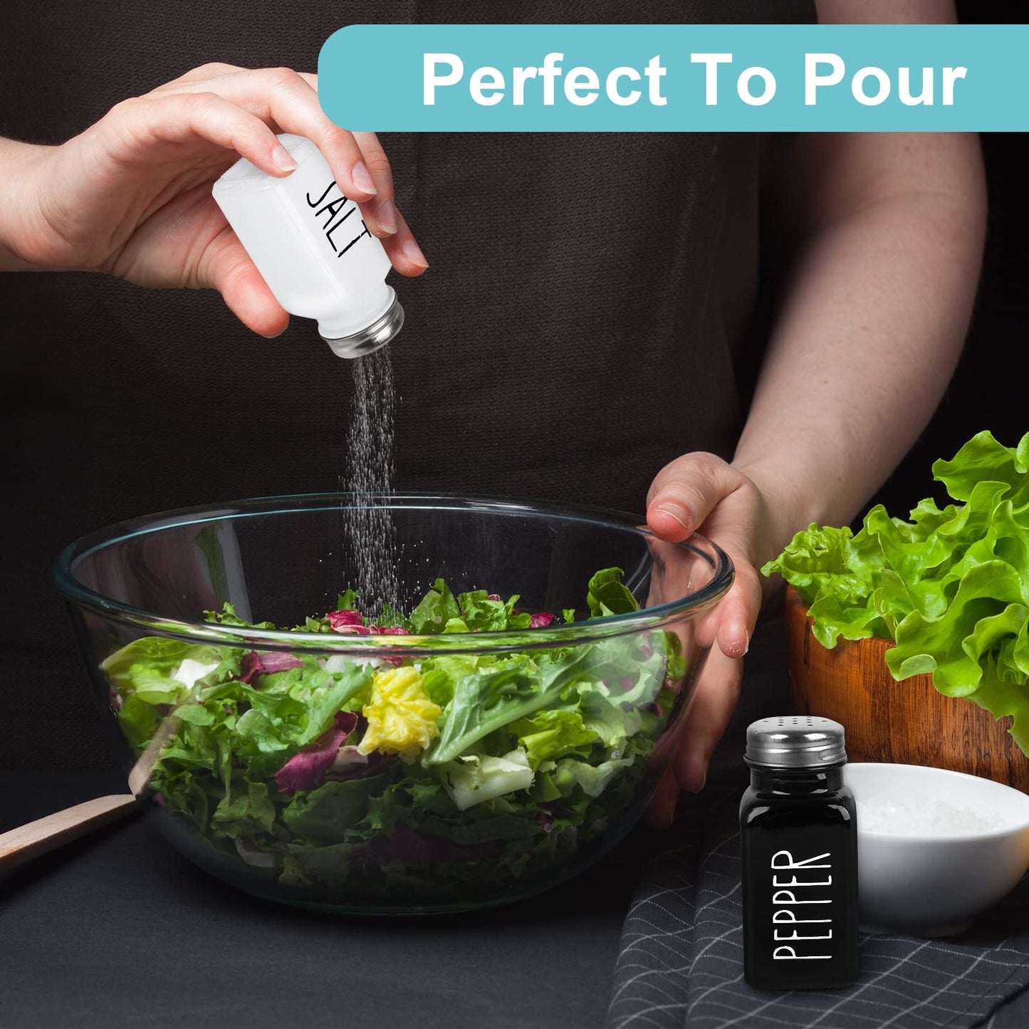 2 Pack Salt and Pepper Shakers Set, Glass Shaker with Stainless Steel Lid, Modern and Cute Farmhouse (Black and White)