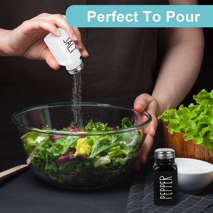 2 Pack Salt and Pepper Shakers Set, Glass Shaker with Stainless Steel Lid, Modern and Cute Farmhouse (Black and White)