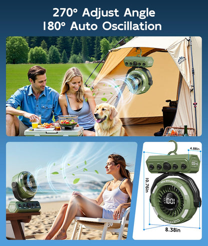 CuzyFeelin Portable Fan Rechargeable - Versatility Camping Fan with LED Lantern & Hook - USB Battery Powered, Cordless, 15-80H, 100 Speeds, 180° Oscillation - for Table, Outdoor, Tent, Travel - Green