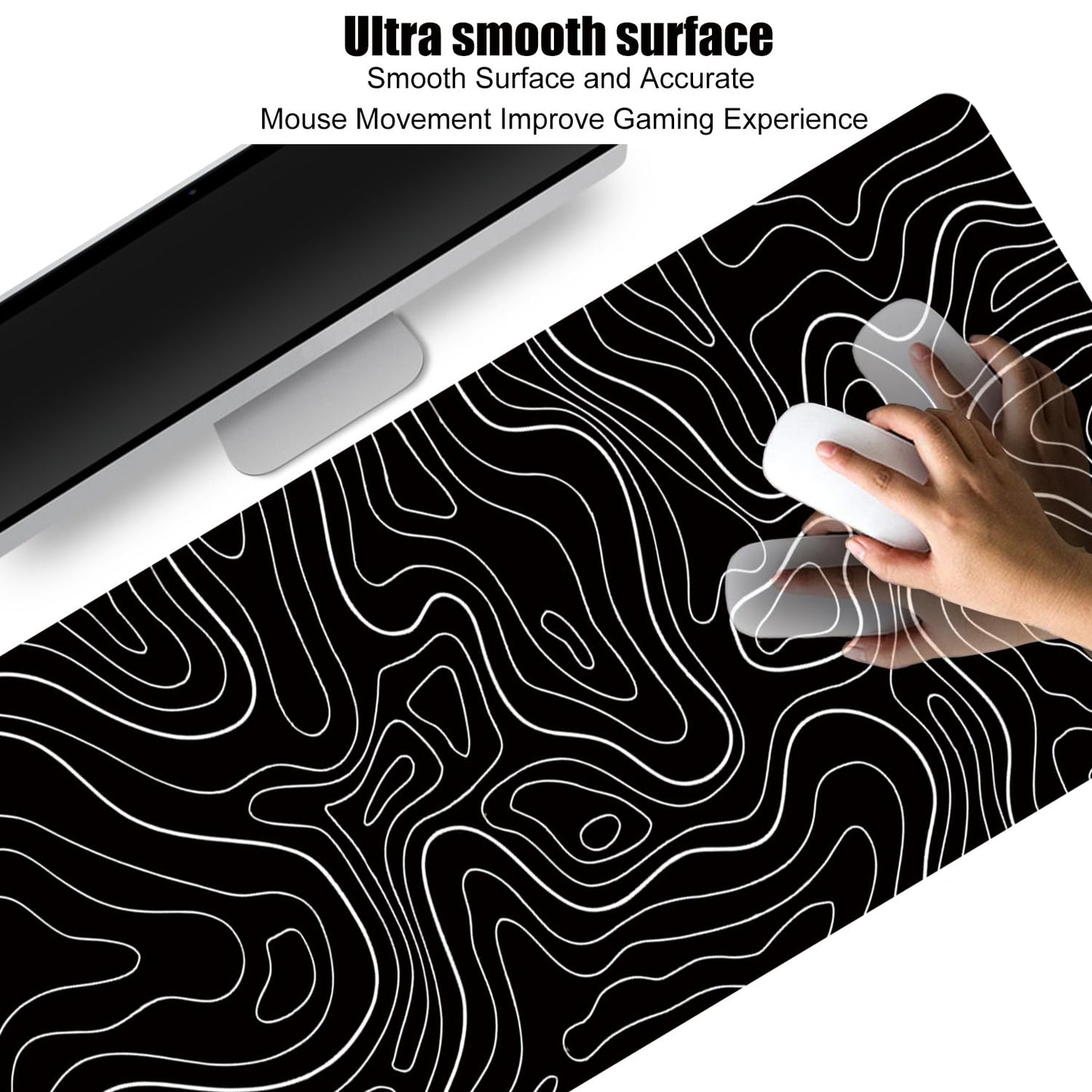 HGWALP Large Gaming TOPO Keyboard Mouse Pad Black Topographic Mouse Pad with Anti-Slip Rubber Base, Extended XXL Long Gaming Mousepad Big Mouse Pads for Desk,31.5 X 11.8 Inch
