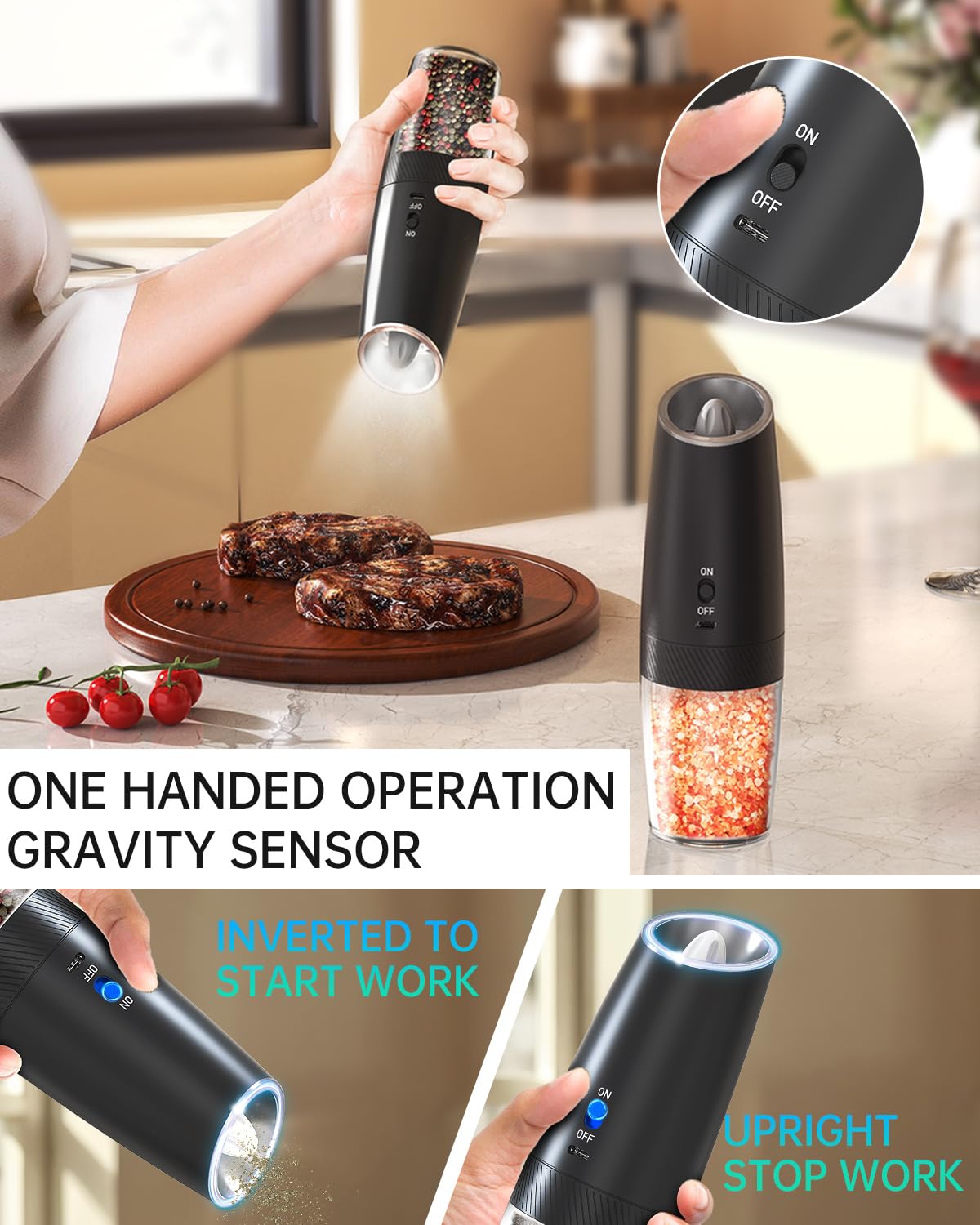 CIRCLE JOY Rechargeable Electric Salt and Pepper Grinder Set Gravity Salt and Pepper Mills Set with LED Light, No Battery Needed, Adjustable Coarseness, Washable 135ml Container, Black