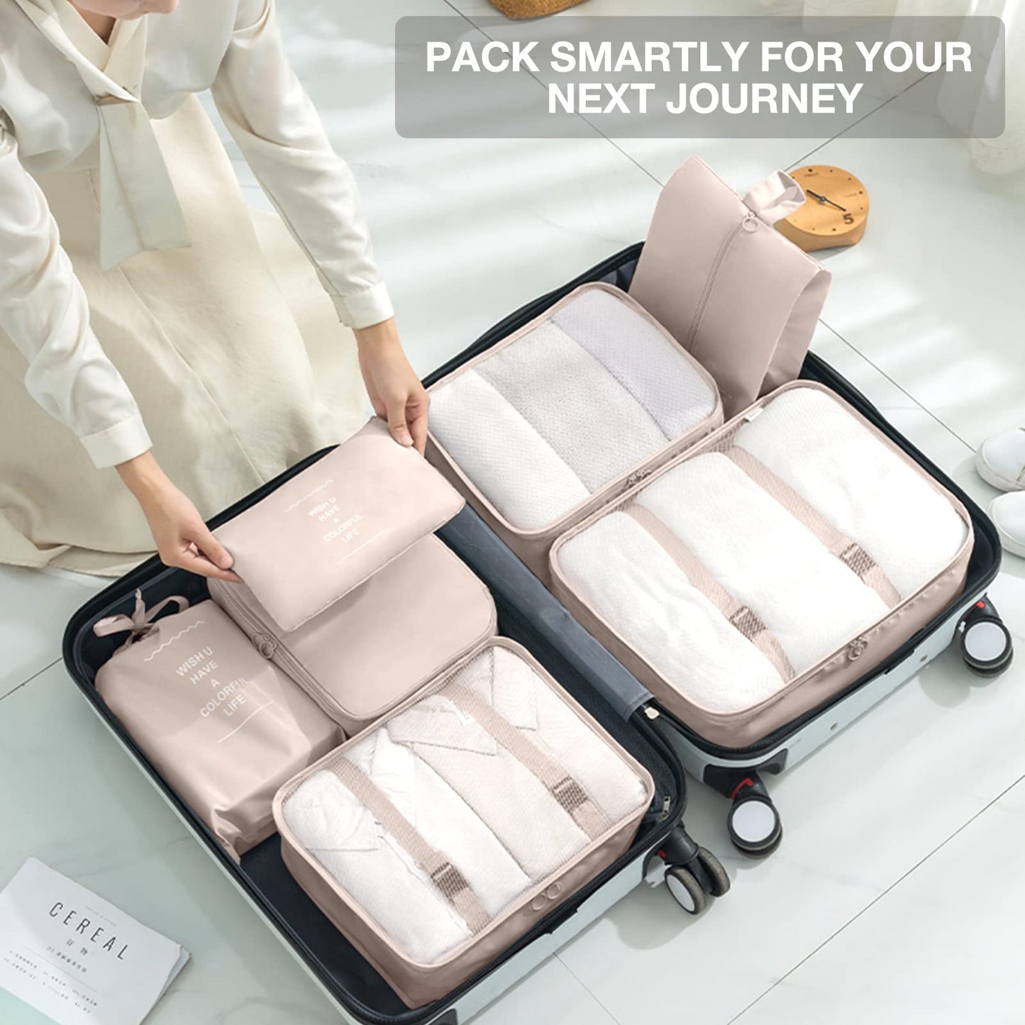 8 Set Packing Cubes for Suitcases, Packing Cube for Shoes, Cosmetics, Clothing and Accessories, Packing Cubes for Travel Luggage Organizer Women Men(Beige)