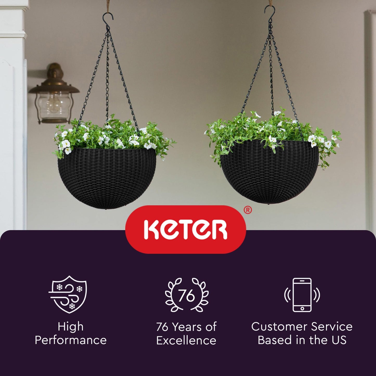 Keter Resin Rattan Set of 2 Round Hanging Planter Baskets for Indoor and Outdoor Plants-Perfect for Porches and Patio Decor, Graphite