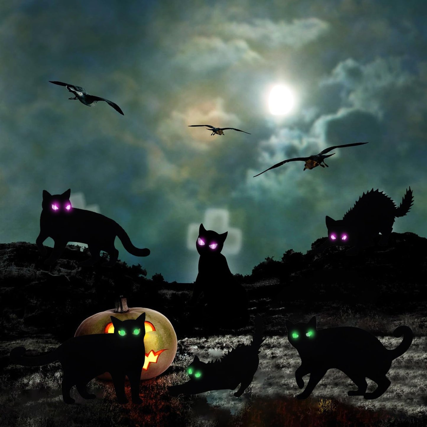 LCHUANG 6Pack Black Cat Halloween Decorations Outdoor with LED Glowing Eyes Lights Black Cat Yard Stakes Halloween Decor, Waterproof Outside Cats Blow up Scary Patio Lawn Decorations