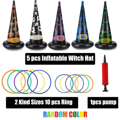 Halloween Party Toys Games, Inflatable Witch Hat Ring Toss Game with Points, Plastic Ring Toss, Air Pump Halloween Carnival Indoor Outdoor Game Garden Toys for Kids Adults Family Games Supplies