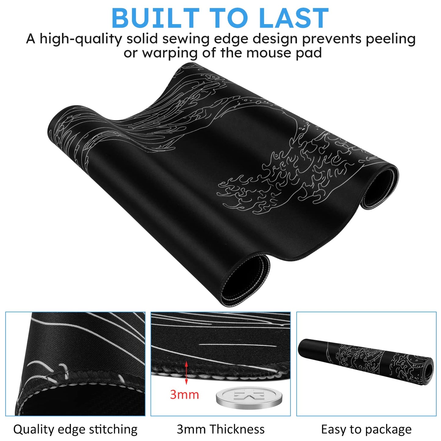 iCasso Mousepad, Gaming Mouse Pad, XXL Large Desk Mat, Big Rubber Base Mouse Mat with Stitched Edges, Computer Keyboard Desk Pad for Work, Game, Office, Home - Black Wave of Kanagawa