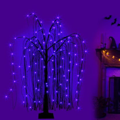 EAMBRITE Halloween Tree 4 FT 180 LED Black Willow Tree with Orange Purple Fairy Lights and Spider Web, Lighted Spooky Artificial Tree for Indoor Outdoor House Home Halloween Decorations