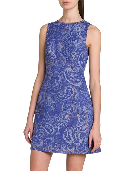 Etro, Paisley Sleeveless Denim Sheath Minidress, 36 (0), Multicolor Azure Base