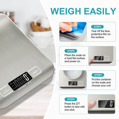 Food Scale, 11lb Kitchen Scale with 6 Units Tare Function & LCD Display, 0.05oz/1g Stainless Steel Digital Food Scale Grams and Ounces for Baking, Cooking, Dieting and Meal Prep (Batteries Included)