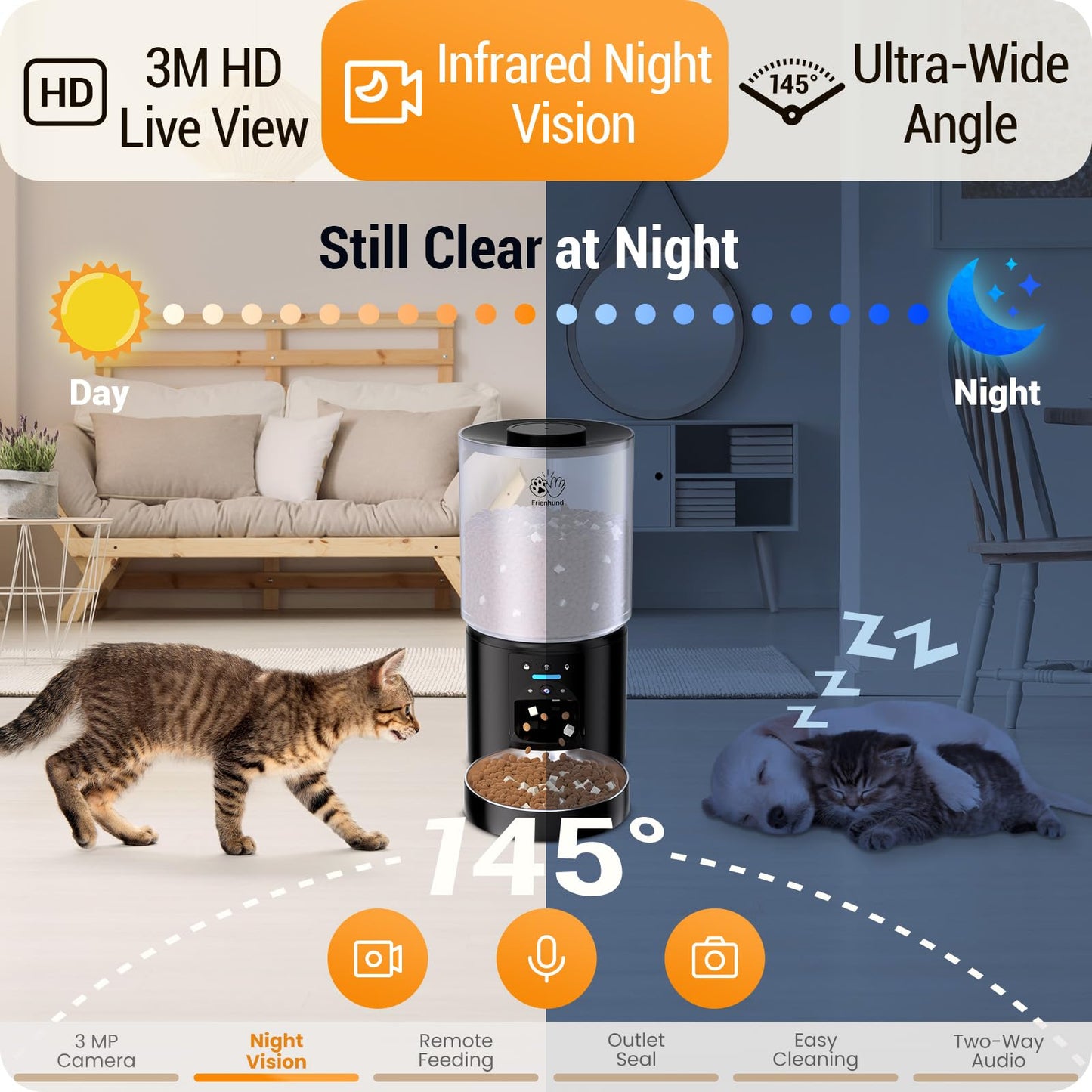 Frienhund Automatic Cat Feeder with 2K HD Camera: 5G WiFi Automatic Dog Feeder with Sealed Outlet,Cat Food Dispenser with Freshness for Multiple Pets,Detachable for Easy Clean-21 Cup (5L Food Storage)