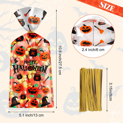 100 Pcs Halloween Treat Bags - Happy Halloweens Goodie Bag, Plastic Halloween Pumpkin Cellophane Bag Bulk, Clear Gift Goody Candy Bags with Twist Ties for Halloweens Party Supplies Favors Decorations