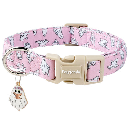 Faygarsle Pink Ghost Pattern Dog Collar with Charm, Halloween Pet Necklace, Adjustable Collar for Small Medium Large Dogs M