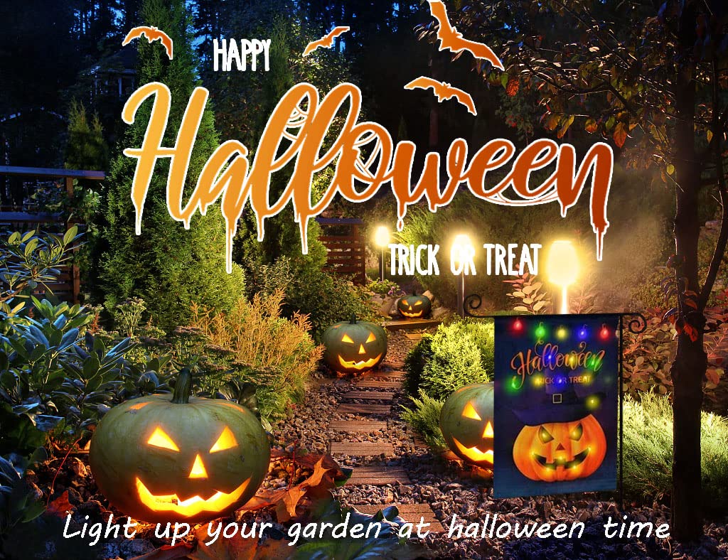 JUSHEN Halloween LED Lighted Garden Flag, Double Sided Solar Lighted Garden Flag, Vertical Halloween Pumpkin Lantern House Flag for Outdoor Yard Garden Decoration(12x18 Inch)
