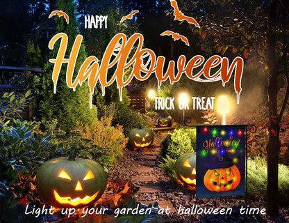 JUSHEN Halloween LED Lighted Garden Flag, Double Sided Solar Lighted Garden Flag, Vertical Halloween Pumpkin Lantern House Flag for Outdoor Yard Garden Decoration(12x18 Inch)