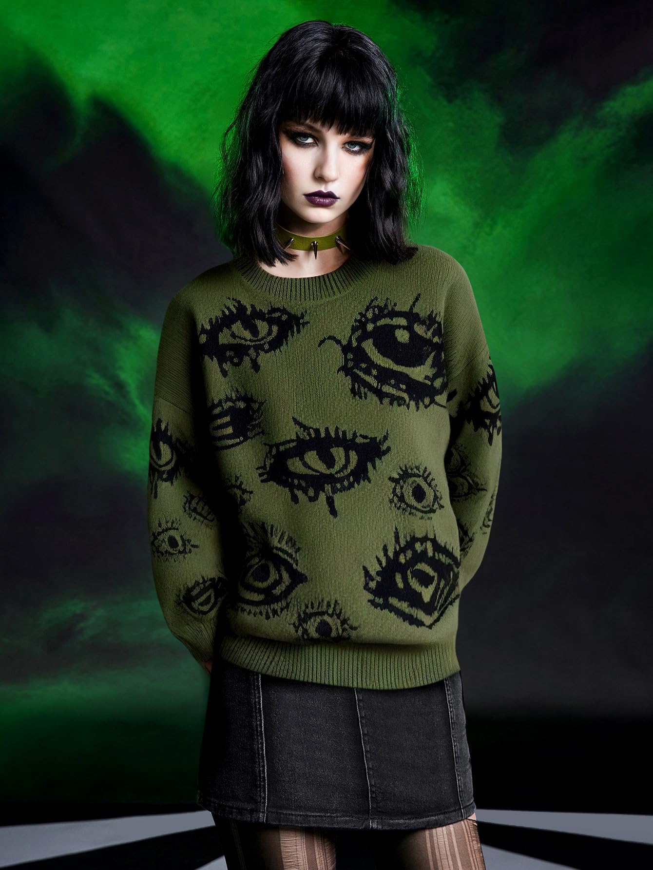 Floerns Women's Goth Grunge Punk Halloween Christmas Graphic Print Long Sleeve Drop Shoulder Sweaters Pullover Tops Army Green
