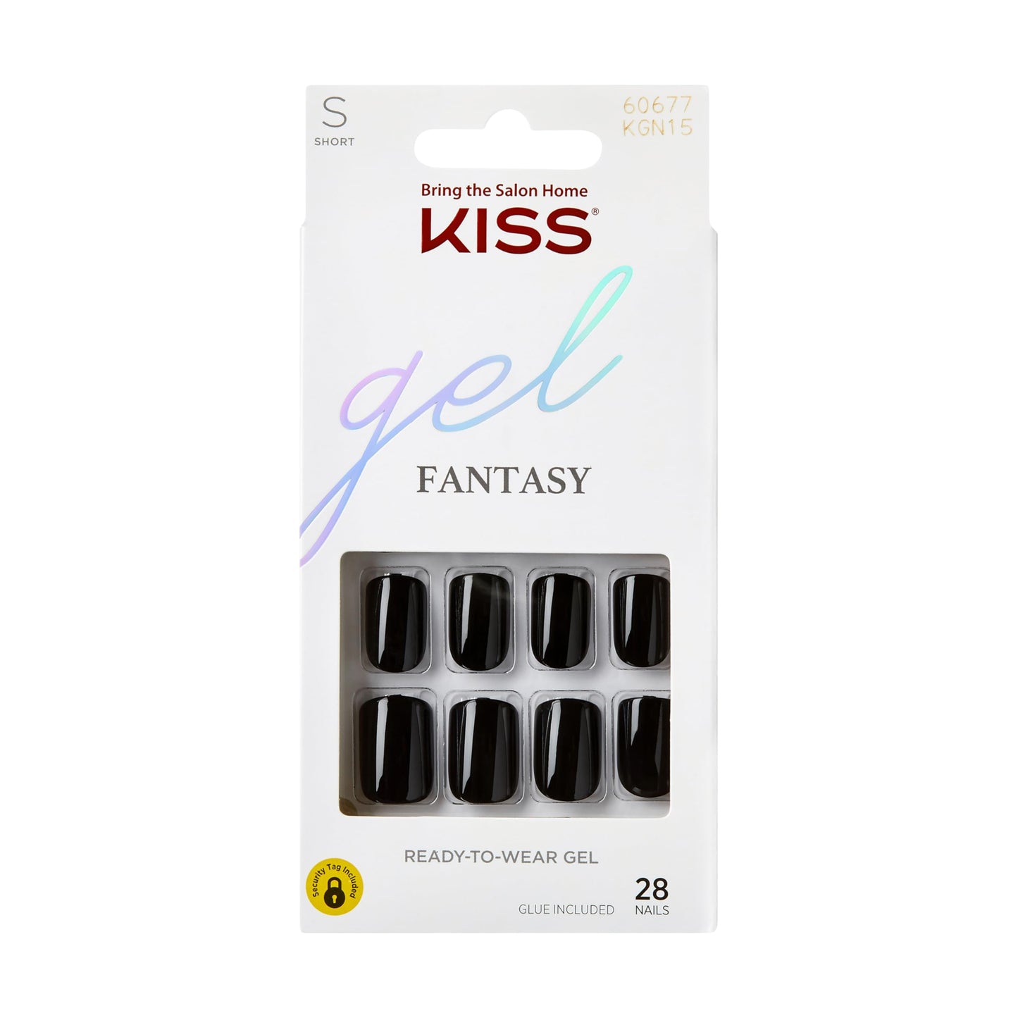 KISS Gel Fantasy Press On Nails, Nail glue included, 'Aim High', Black, Short Size, Squoval Shape, Includes 28 Nails, 2g Glue, 1 Manicure Stick, 1 Mini File, 1 Adhesive Tab