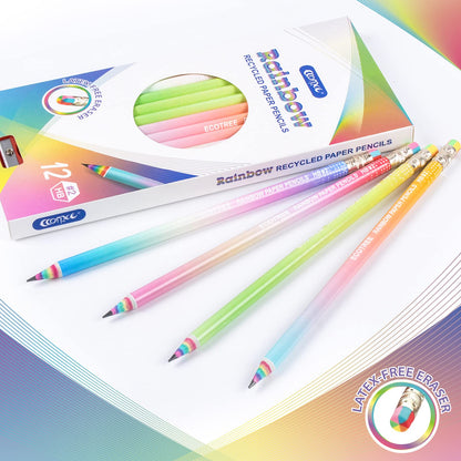 ECOTREE Pre-sharpened Pencils #2 Eco Rainbow Paper Pencil Cute Pencils for Kids Number 2 Pencil with Erasers for School, Writing, 12 Count
