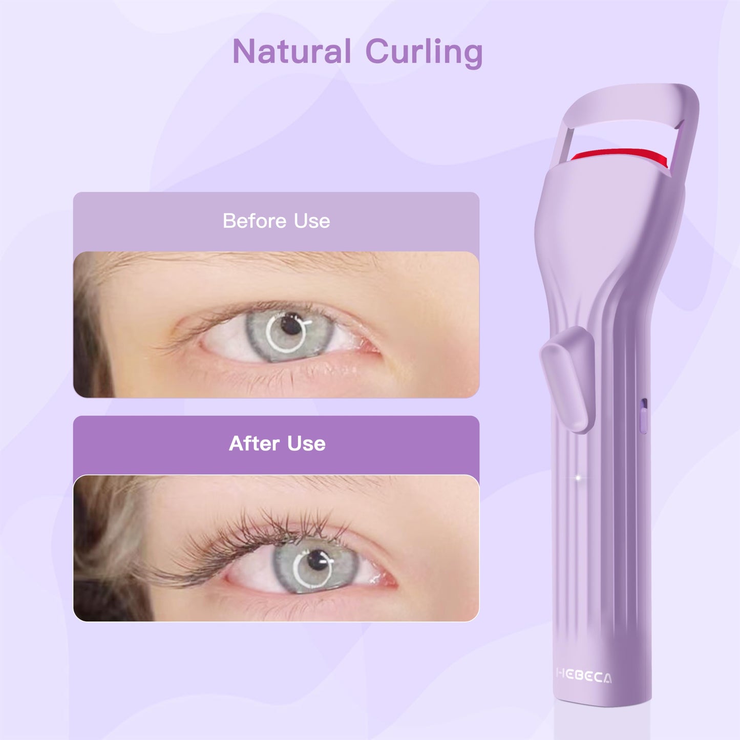 HEBECA Heated Eyelash Curlers, Electric Eye Lashes Curler with Innovative Heating Silicone Pad for Lifted Lashes 24 Hours, No Pinching, Quick Rechargeable 600mAh Battery Purple EC2001