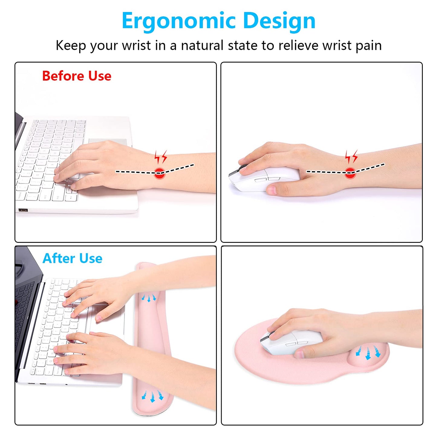 Dapesuom Keyboard Wrist Rest and Mouse Pad with Wrist Support, Cute Memory Foam Cushion for Keyboard and Mouse Set, Ergonomic Desktop Pad Rests with Non Slip Base for Easy Typing & Pain Relief, Pink