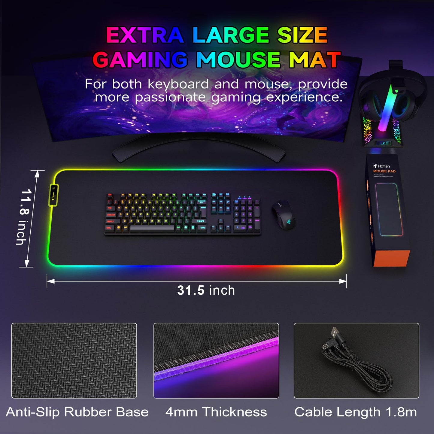 Hcman RGB Gaming Mouse Pad, Large Mousepad with Led Light, PC Gaming Accessories Black Keyboard Pad for Desk, Non-Slip Rubber Base XXL Big Mouse Mat for Gamer Boy Men Gift (31.5 X 12 Inch)